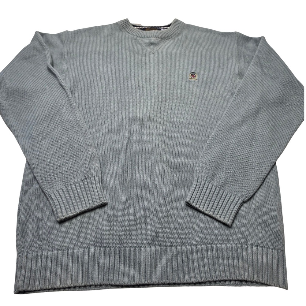 Tommy Hilfiger Mens Blue Grey Cotton Shaker Knit Crewneck Crest Sweater Large
